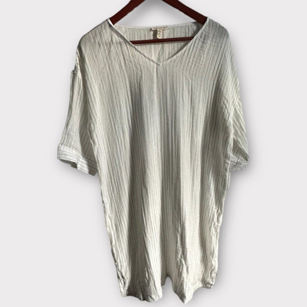 EILEEN FISHER WHITE ORGANIC LINEN DRESS W/black PIN STRIPE SZ M NWOT